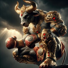 Fototapeta premium Majestic Bull-Headed Warrior: A Powerful Mythical Fighter in Intricate Gold and Red Armor, Kneeling with Glowing Boxing Gloves Amidst Swirling Storm Clouds, Ready for Battle