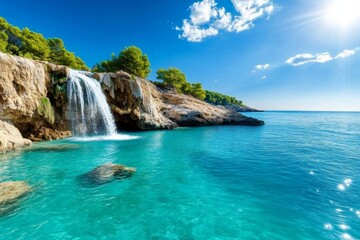 Cerulean waterfall cascading down a rocky cliff, with mist rising from the base and sunlight catching the spray