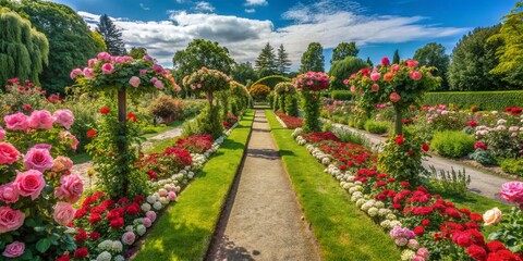 Vibrant Rose Garden Pathways in Full Bloom - Minimalist Photography Experience