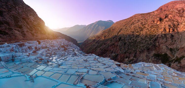 Scenic salinas Maras Salt mines in Sacred Valley Valle Sagrado in Cusco, Peru.