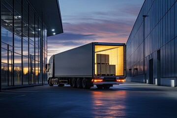 Wooden boxes inside a truck trailer being loaded in a warehouse for cargo transportation building evening open.