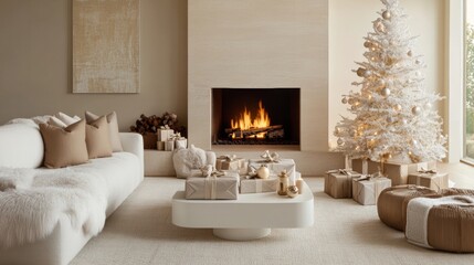 Christmas gifts under a tree wrapped in ecological paper next to a fireplace