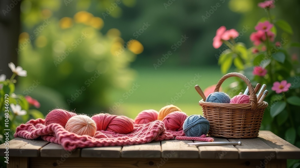 Poster a basket of colorful yarn sits on a table next to a knitted blanket