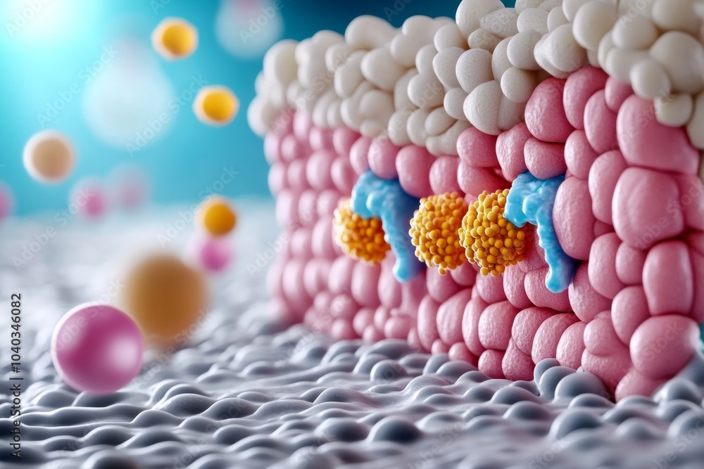 Aufkleber close-up of a human cell membrane, showing lipid bilayers and ion channels embedded in the membrane,