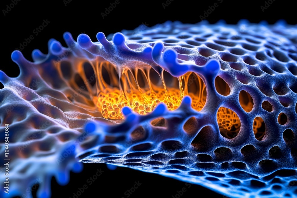Poster Close-up of a human cell membrane, showing lipid bilayers and ion channels embedded in the membrane, with ions passing through in real time