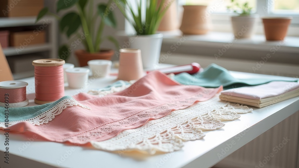 Poster a table with a variety of lace and fabric on it