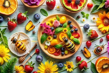 Vibrant Summer Food Photography Featuring Watercolor Bees and Flowers for Seasonal Delights