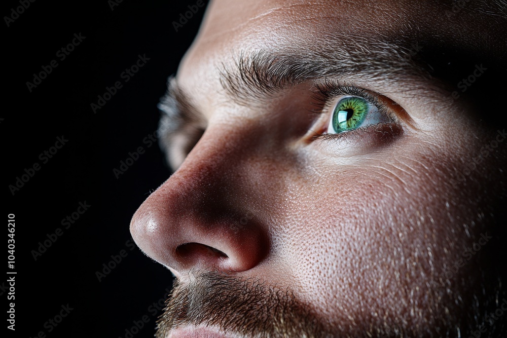 Poster close-up of a thoughtful face, with the focus on the eyes, representing introspection, logic, and th