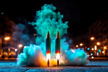 Colorful firecrackers exploding in the night sky, with vibrant reds, greens, and blues filling the air, symbolizing joy and festivity