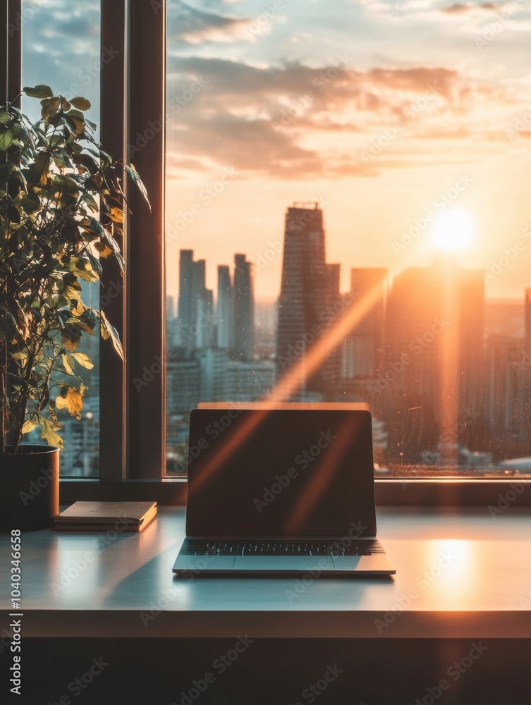 Poster the scene captures a serene workspace with a laptop in front of a large window showcasing a vibrant 