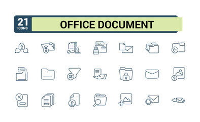 Files and Folder icon set. Office document icon collectin. Including email, message, letter, folder, file, document, calendar, planner and more. in minimal line style.