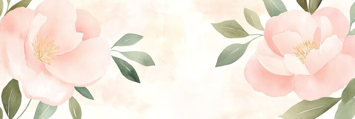Delicate watercolor illustration of blush peonies with soft pink petals and lush green leaves in a serene style
