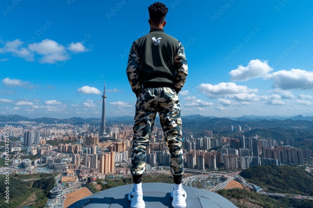 Poster cyberpunk figure standing on a rooftop, gazing over a high-tech city, representing the individual na