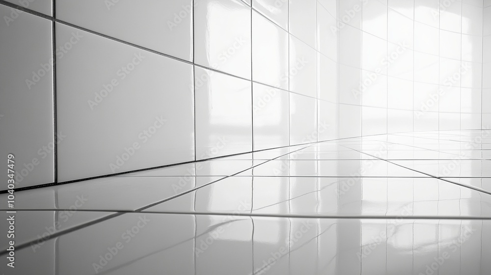 Poster minimalist interior with sleek tiled floor reflecting light, creating a sense of depth and space. cl