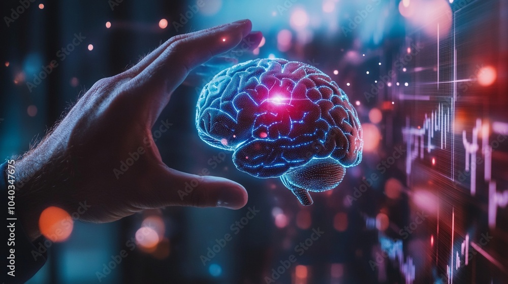 Poster futuristic digital brain hologram with hand interaction, symbolizing artificial intelligence and cog