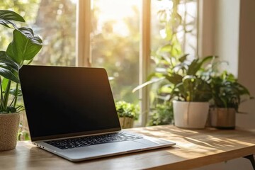 Fototapeta premium Natural light streams through the window, illuminating a laptop placed on a wooden desk with plants nearby, creating a tranquil workspace. Generative AI