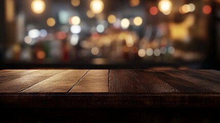 Rustic wooden table surface in foreground with blurred festive lights and bar or restaurant atmosphere in background, perfect for product display or celebration concept.