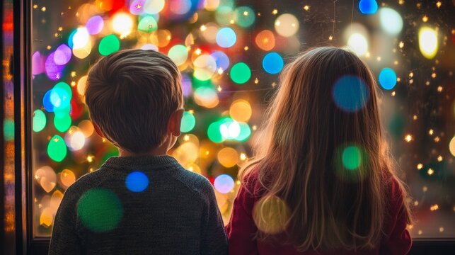 Children watching colorful Christmas lights through a window
