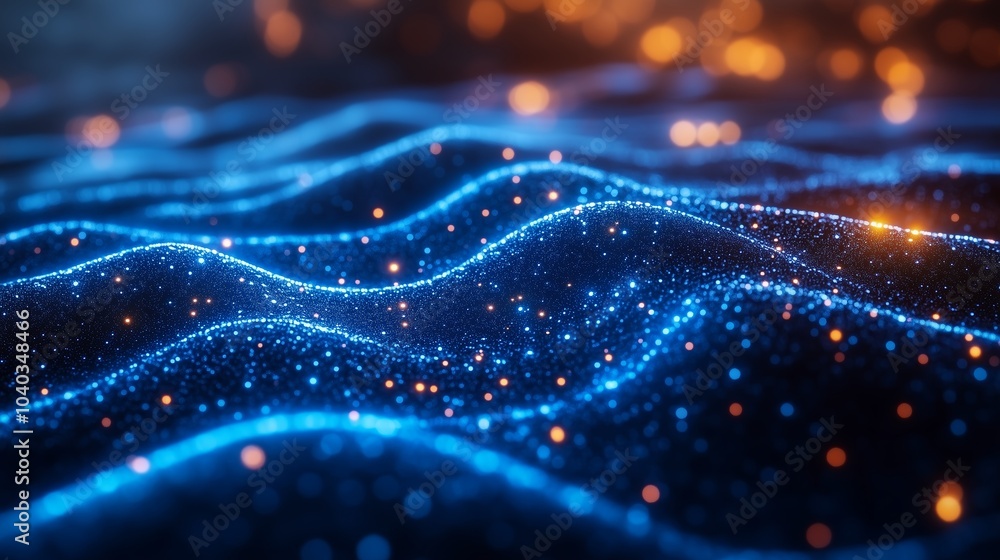 Poster an abstract dark background with blue lines and waves connecting with data.