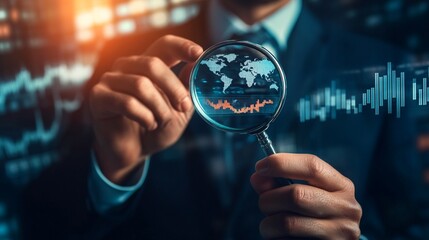 Businessman analyzing global market trends through magnifying glass, world map visible. Stock charts and data in background illustrate financial analysis and investment strategy.