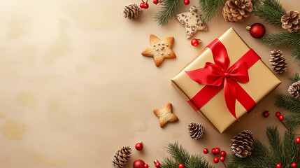 Na jasnym złotym tle rozciąga się elegancka kompozycja bożonarodzeniowa, w której centralne miejsce zajmuje piękny złoty pudełko prezentowe ozdobione czerwoną wstążką
