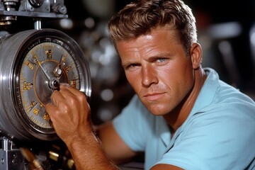 Engineer working on a complex machine, representing Objectivismâ€™s reverence for technology and innovation in improving human life