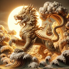 Obraz premium Majestic lion: A Realistic Depiction of the Mythical Thai Lion Amidst Swirling Clouds and Waves, Adorned with Intricate Gold Patterns and Radiant Light