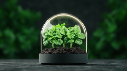 "A close-up of three thriving green plants under a glass dome against a dark background symbolizes protection and growth in a controlled environment, highlighting the fragility of life."