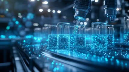 3D rendering of laboratory tools interacting with human cells, with cool blue and silver tones, glowing light, clean and minimal design.