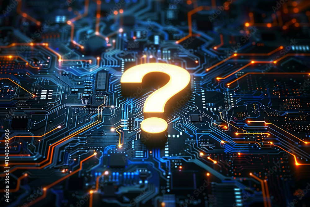 Poster an abstract digital technology background featuring a glowing question mark on a complex circuit boa