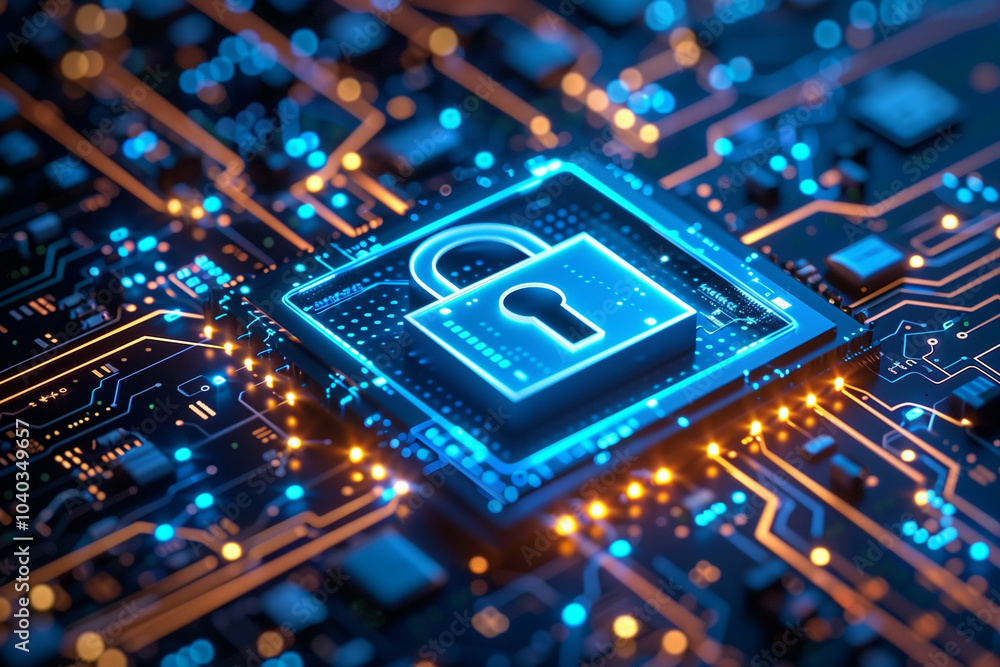 Poster advanced cybersecurity concept with a brightly lit digital lock on a computer circuit board