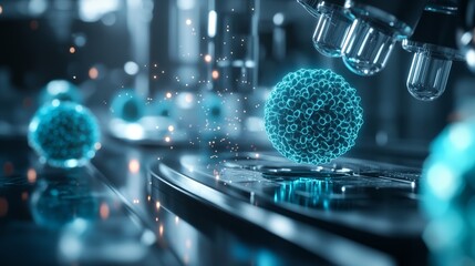 3D rendering of laboratory tools interacting with human cells, with cool blue and silver tones, glowing light, clean and minimal design.