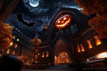 Fototapeta premium Fantasy Halloween castle, with towering spires, glowing windows, and flying bats, set under a magical, star-filled sky