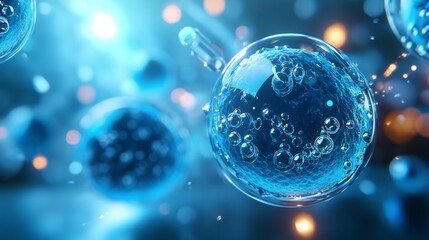3D rendering of laboratory tools interacting with human cells, with cool blue and silver tones, glowing light, clean and minimal design.
