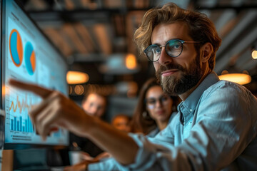 A modern office scene featuring a confident young professional presenting data to a diverse team in an ambient lit meeting space