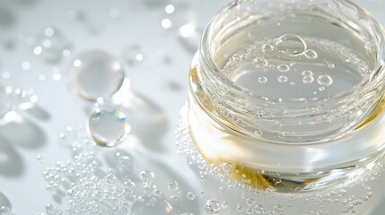 Luxurious skincare concept: close-up of transparent gel cosmetic product in glass jar with bubbles, droplets, and soft focus background, evoking purity and hydration.