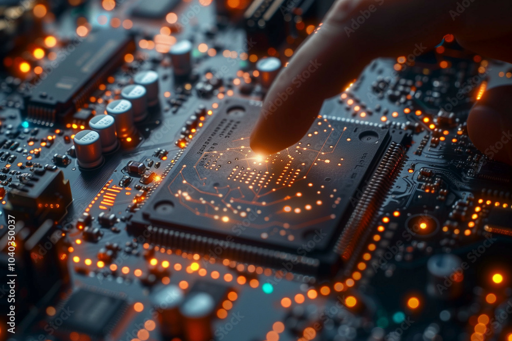 Poster a close-up image of a futuristic high-tech computer motherboard with a human finger pointing to glow
