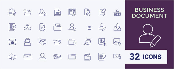 Files and documents line icons set. Including folder, archive, PDF, report, document management and more. Thin line icon collection. Editable stroke. Vector illustration.
