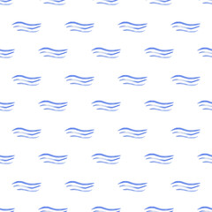 Blue waves background watercolor. Seamless hand drawn pattern with cute blue wave illustration for children textile, fabric texture, wallpapers