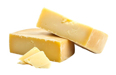 Two pieces of parmesan cheese block with crumbled slices isolated on transparent background, PNG