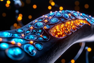 Obraz premium Fantasy-themed human cell membrane, with glowing, magical ion channels transporting colorful energy particles through a vibrant, enchanted membrane