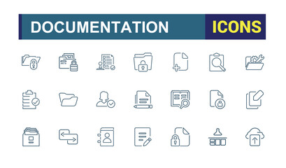 Files and documents line icons set. Including folder, archive, PDF, report, document management and more. Thin line icon collection. Editable stroke. Vector illustration.
