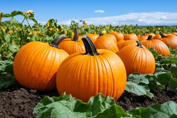 Field of pumpkins stretching into the horizon, with vibrant orange fruits dotting the field, ready for harvest