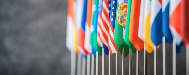 Colorful flags of various nations arranged in a row.