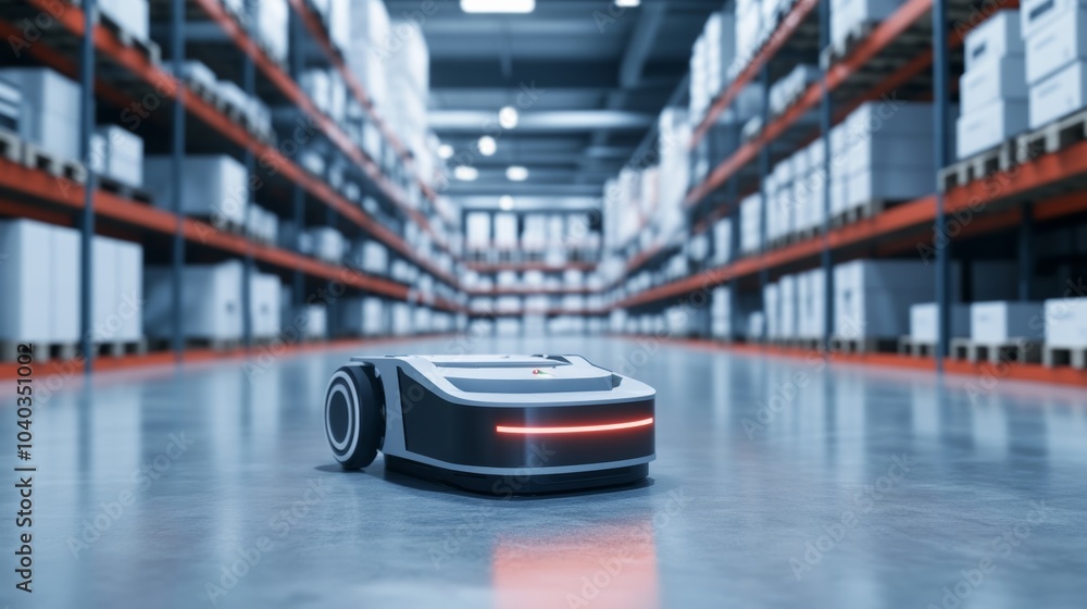 Poster A sophisticated robotic system managing inventory in a clean, high-tech warehouse, efficient and organized environment with a focus on logistical robotics