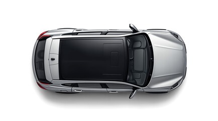 Modern Silver SUV Car, Top View. Isolated on Transparent Background. PNG. sleek silver car viewed from above 