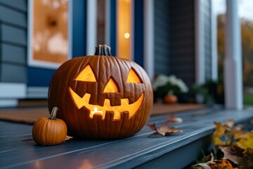 Fototapeta premium Friendly jack-o'-lanterns on a porch, each one carved with a unique happy face, glowing softly with candles inside