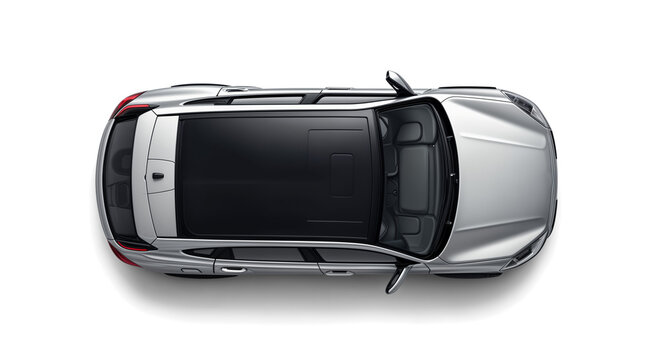 Modern Silver SUV Car, Top View. Isolated on Transparent Background. PNG. sleek silver car viewed from above 