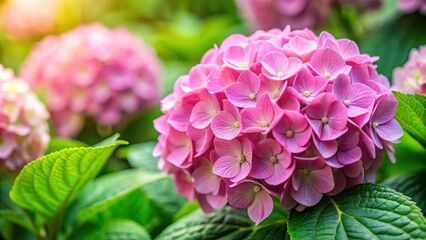 Fototapeta premium Close-up of delicate pink hydrangea blossoms with green leaves, hydrangea, pink, flowers, cluster, delicate, petals, blooming