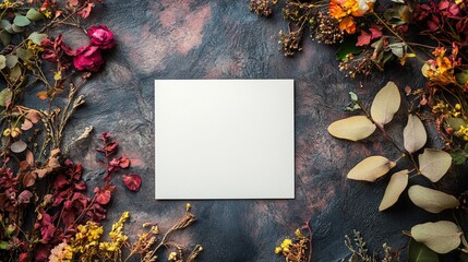 Blank canvas surrounded by vibrant autumn foliage, dried flowers, and leaves on a textured dark background, creating a rustic and artistic flat lay composition.